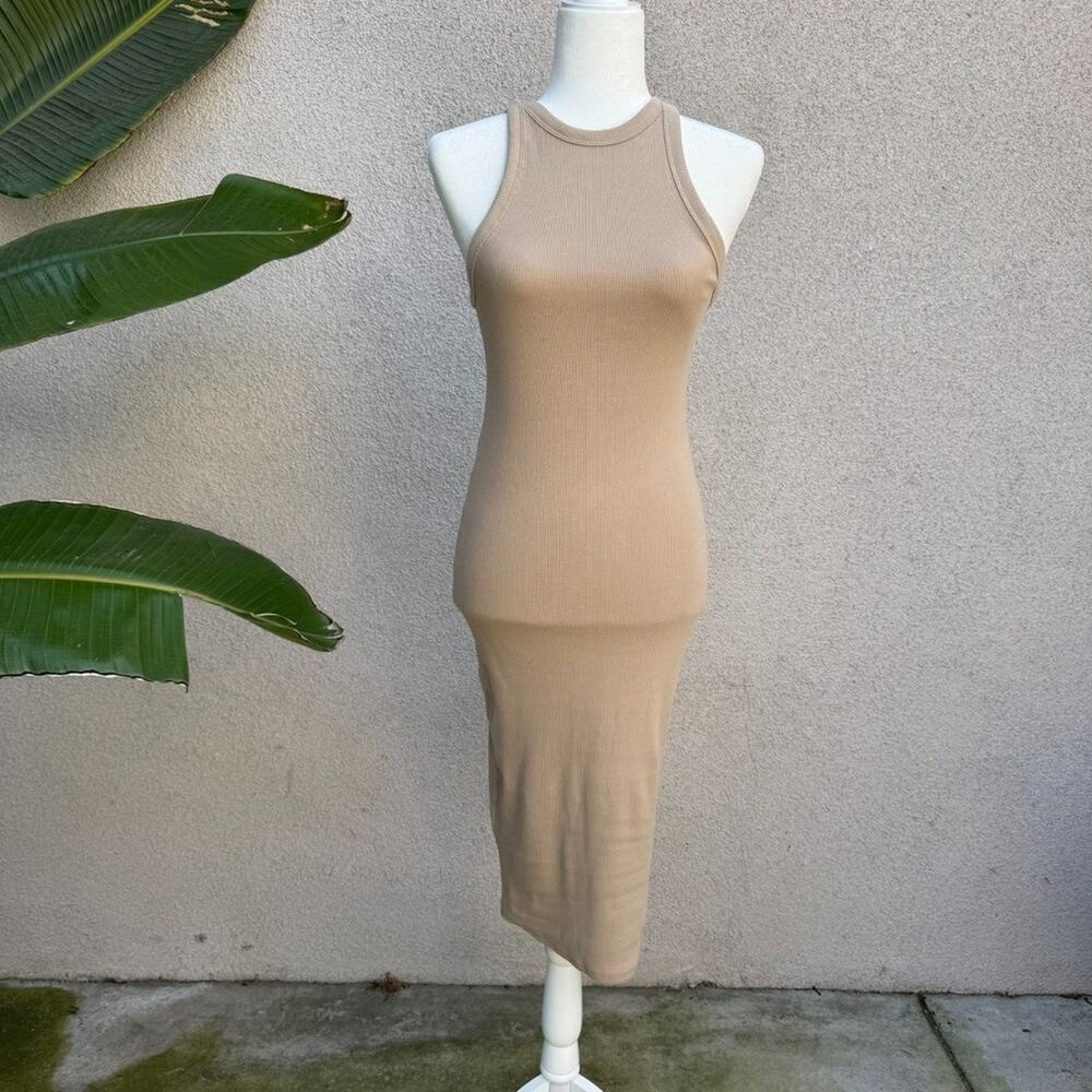 ZARA Knit Tan Sleeveless Ribbed Dress Taupe Neutral Midi Dress Medium NWOT